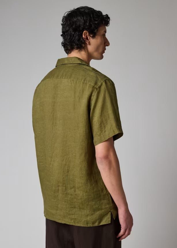 Young Ideas & Henmores - Open Collar Linen Short Sleeve Shirt - 36 Olive Green - M