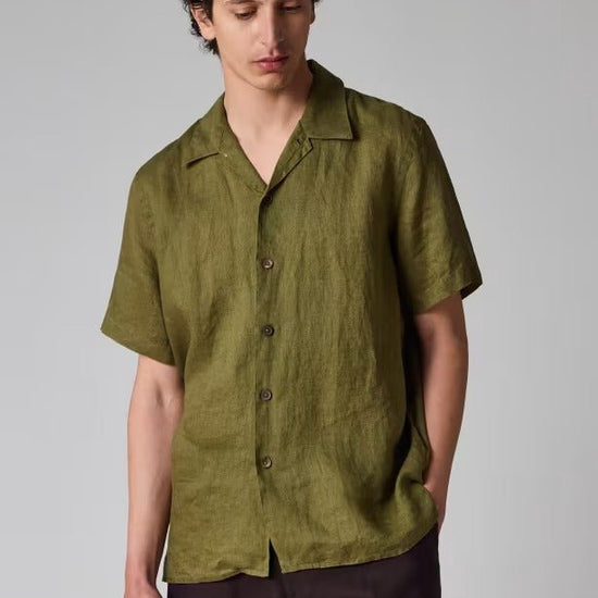 Young Ideas & Henmores - Open Collar Linen Short Sleeve Shirt - 36 Olive Green - M