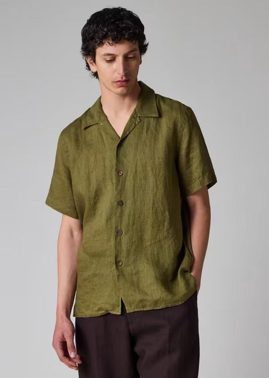 Young Ideas & Henmores - Open Collar Linen Short Sleeve Shirt - 36 Olive Green - M