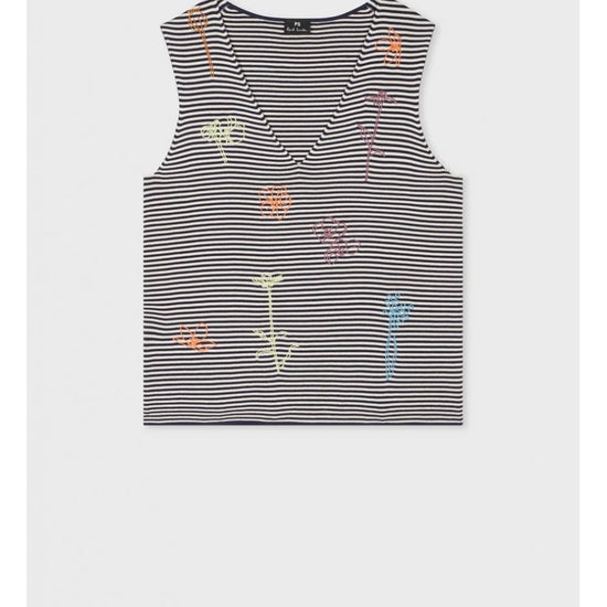 Young Ideas/Henmores - Striped Floral Drawing Detail Sleevless Top - 49 Very Dark Navy - XS