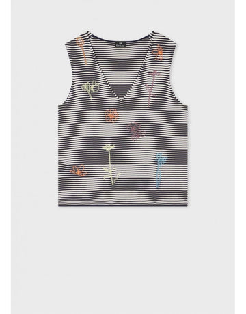 Young Ideas/Henmores - Striped Floral Drawing Detail Sleevless Top - 49 Very Dark Navy - XS