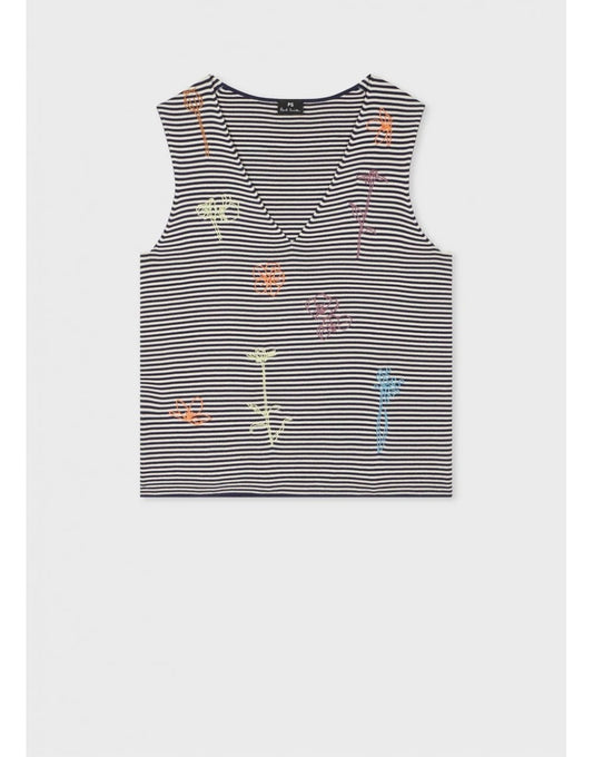 Young Ideas/Henmores - Striped Floral Drawing Detail Sleevless Top - 49 Very Dark Navy - XS