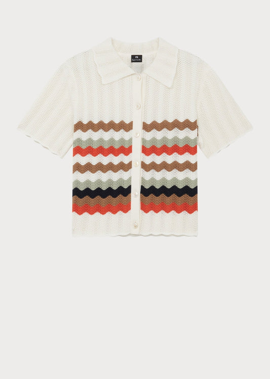 Young Ideas/Henmores - Zig Zag Stripe Knitted Short Sleeve Shirt - 02 White - XS