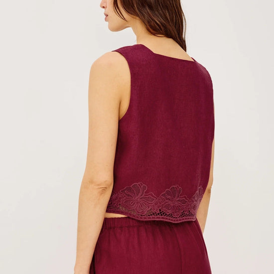 Young Ideas/Henmores - Akira Square Neck Linen Embroidered Top - Berry Hibiscus - XS