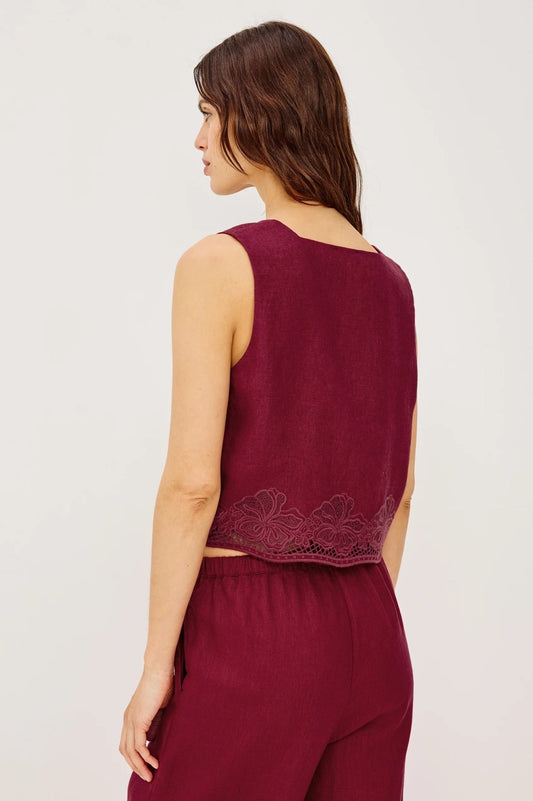 Young Ideas/Henmores - Akira Square Neck Linen Embroidered Top - Berry Hibiscus - XS