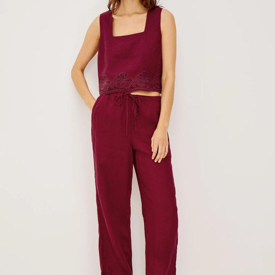 Young Ideas/Henmores - Akira Square Neck Linen Embroidered Top - Berry Hibiscus - XS