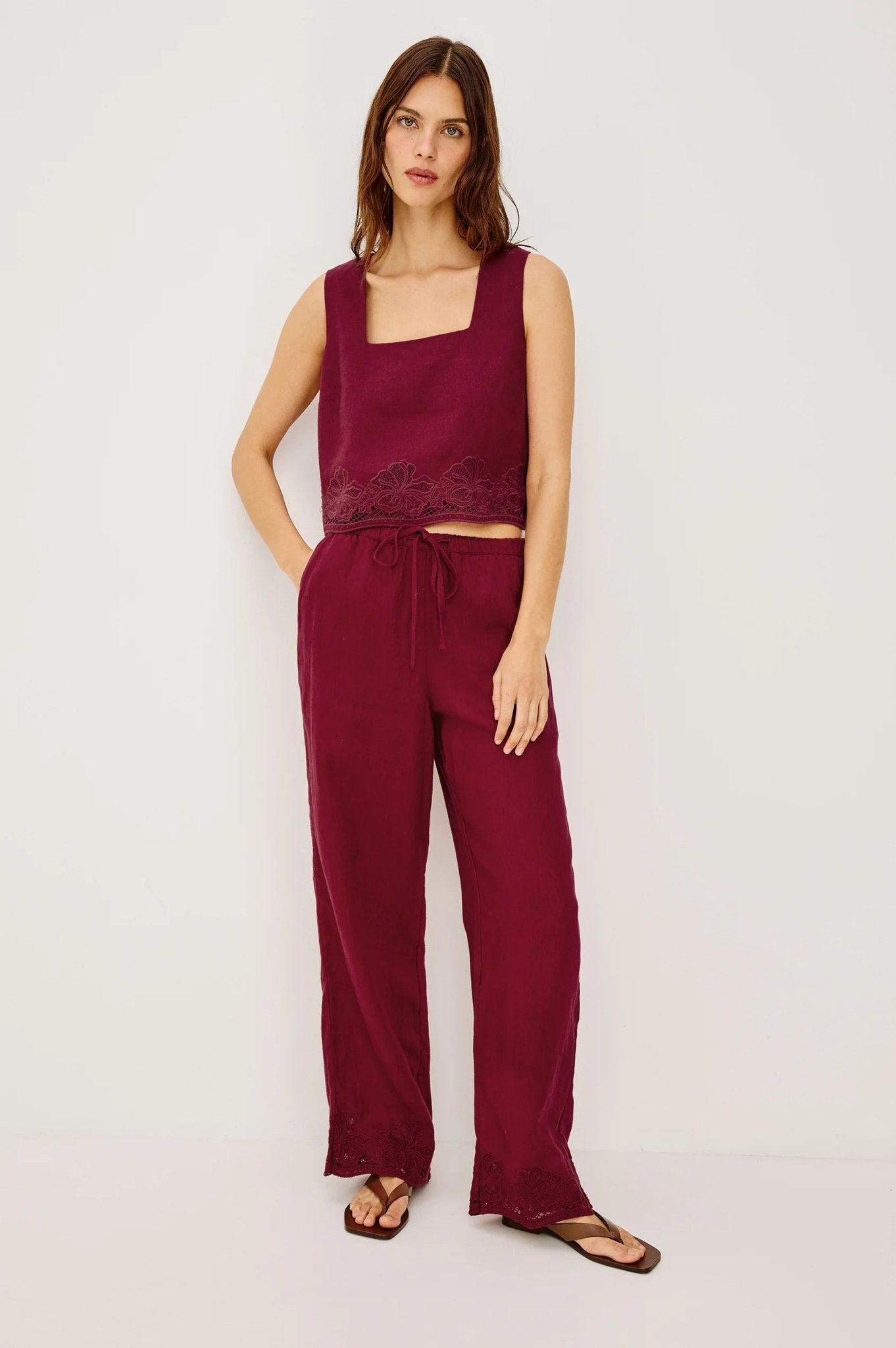 Young Ideas/Henmores - Akira Square Neck Linen Embroidered Top - Berry Hibiscus - XS
