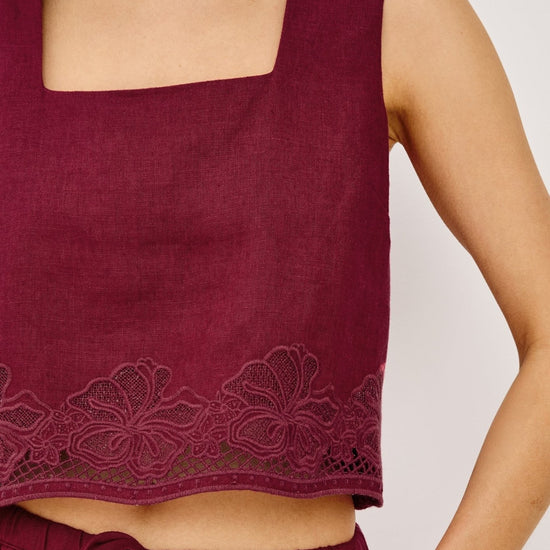 Young Ideas/Henmores - Akira Square Neck Linen Embroidered Top - Berry Hibiscus - XS