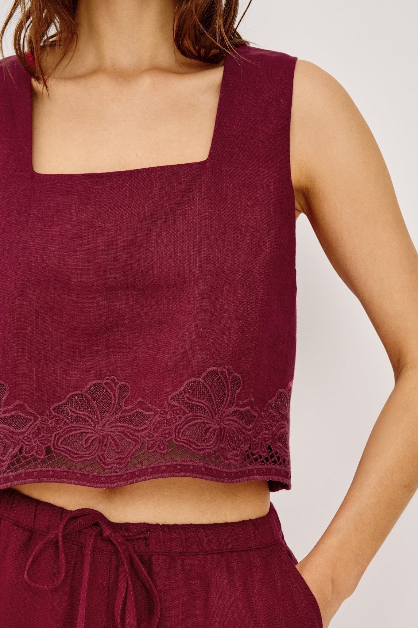 Young Ideas/Henmores - Akira Square Neck Linen Embroidered Top - Berry Hibiscus - XS