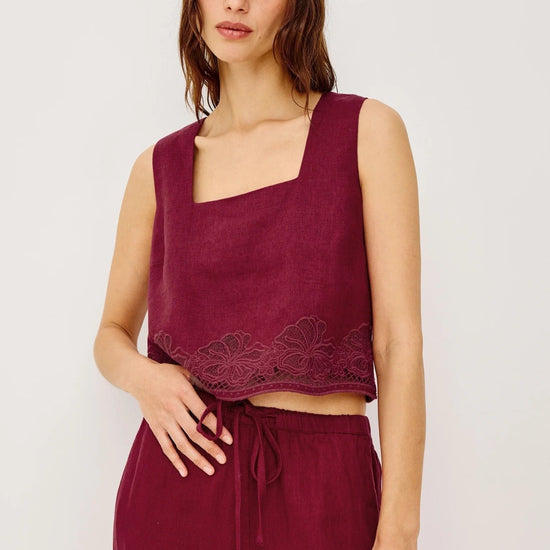 Young Ideas/Henmores - Akira Square Neck Linen Embroidered Top - Berry Hibiscus - XS