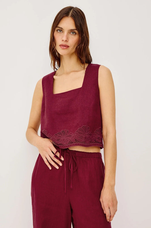 Young Ideas/Henmores - Akira Square Neck Linen Embroidered Top - Berry Hibiscus - XS