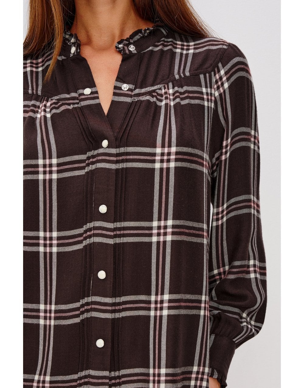 Young Ideas/Henmores - Alanna Check Ruched Yoke Shirt - Chocolate Napoleon - XS