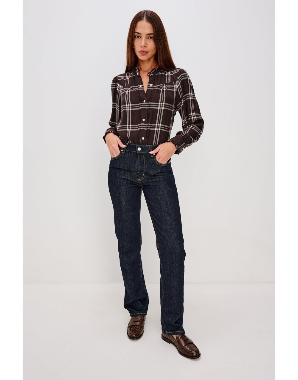 Young Ideas/Henmores - Alanna Check Ruched Yoke Shirt - Chocolate Napoleon - XS