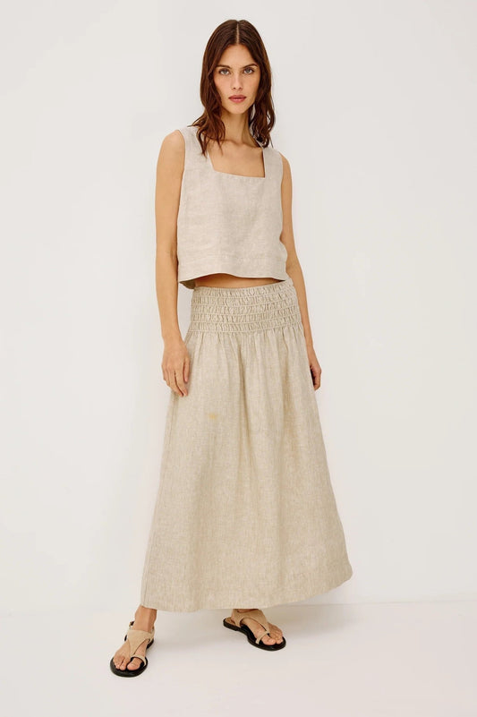 Young Ideas/Henmores - Alessa Ruched Waist Linen Midi Skirt - Heathered Flax - XS