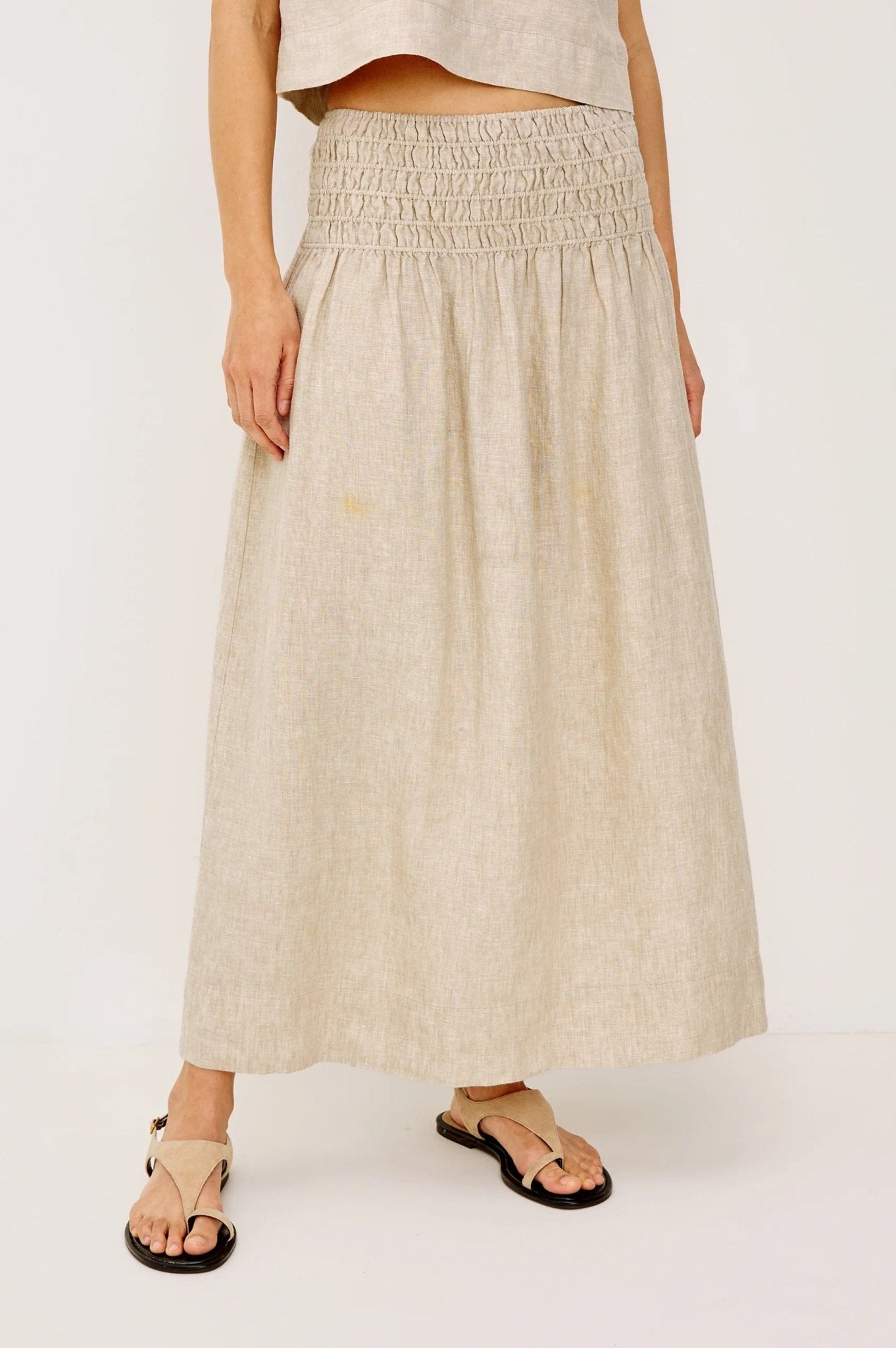 Young Ideas/Henmores - Alessa Ruched Waist Linen Midi Skirt - Heathered Flax - XS