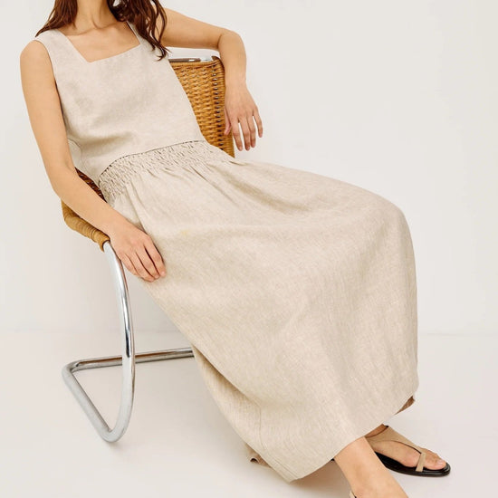 Young Ideas/Henmores - Alessa Ruched Waist Linen Midi Skirt - Heathered Flax - XS