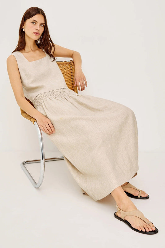 Young Ideas/Henmores - Alessa Ruched Waist Linen Midi Skirt - Heathered Flax - XS