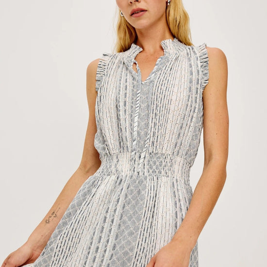 Young Ideas/Henmores - Alessi Striped Eyelet Sleevless Midi Dress - White/Blue - S
