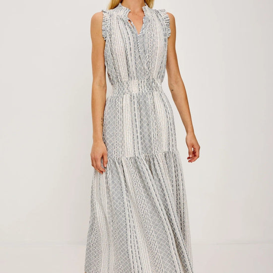 Young Ideas/Henmores - Alessi Striped Eyelet Sleevless Midi Dress - White/Blue - S