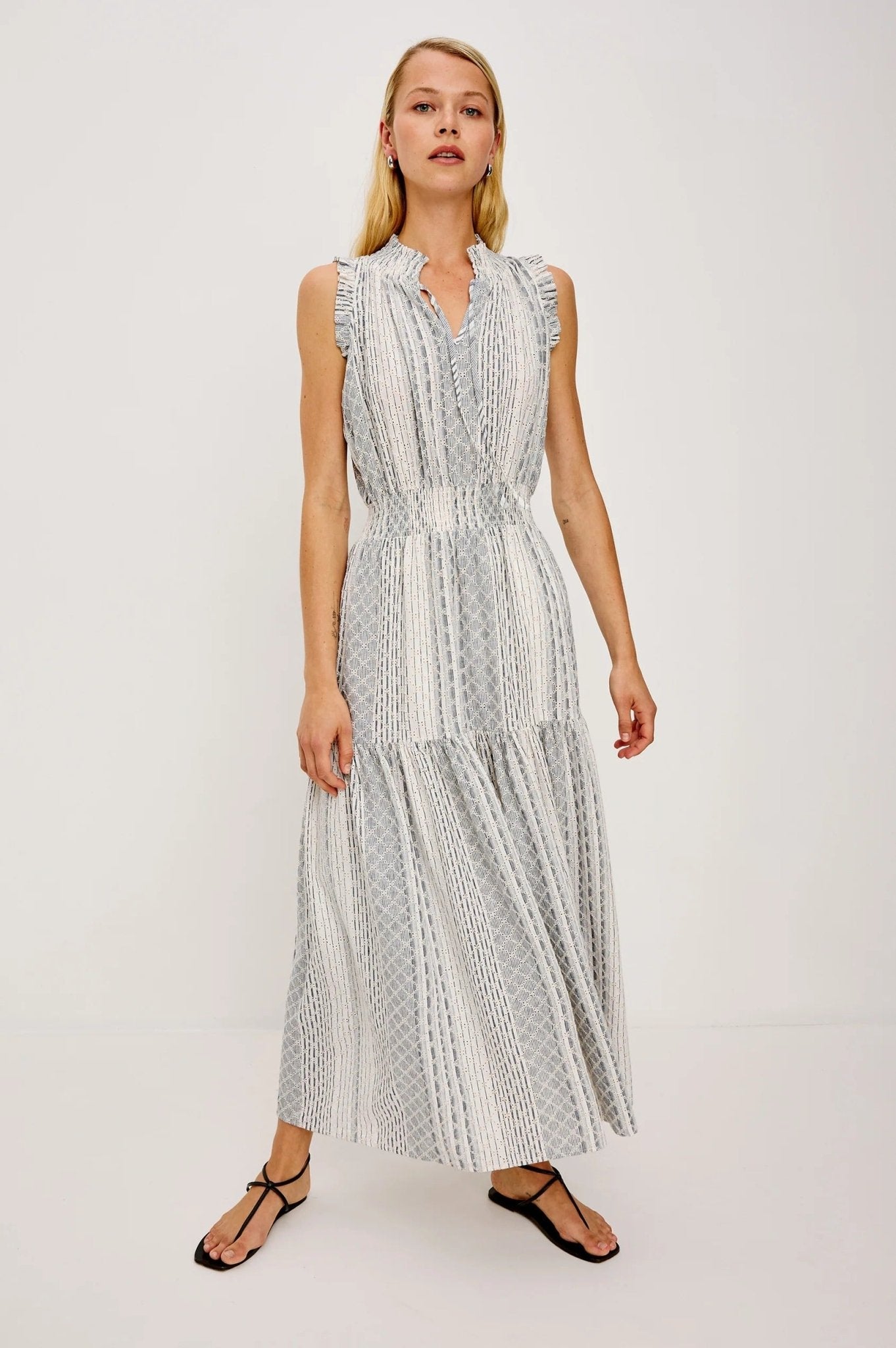 Young Ideas/Henmores - Alessi Striped Eyelet Sleevless Midi Dress - White/Blue - S