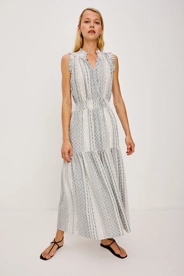 Young Ideas/Henmores - Alessi Striped Eyelet Sleevless Midi Dress - White/Blue - S