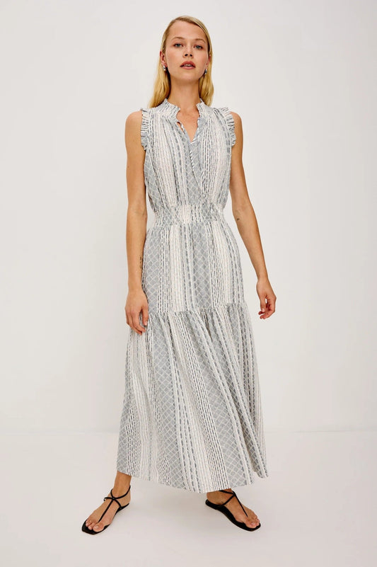 Young Ideas/Henmores - Alessi Striped Eyelet Sleevless Midi Dress - White/Blue - S