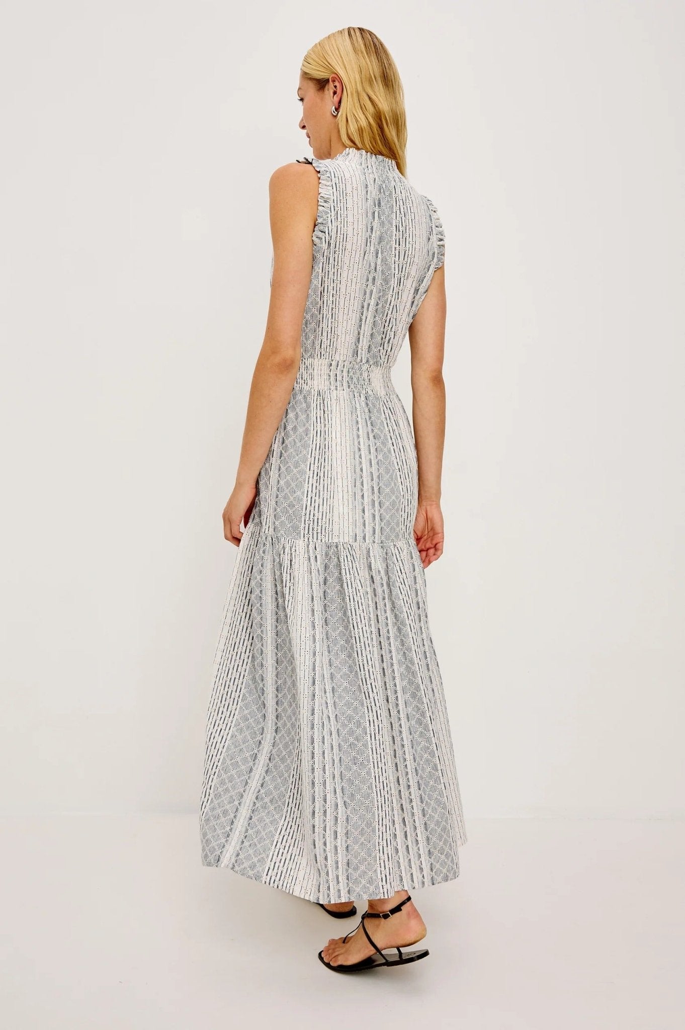 Young Ideas/Henmores - Alessi Striped Eyelet Sleevless Midi Dress - White/Blue - S
