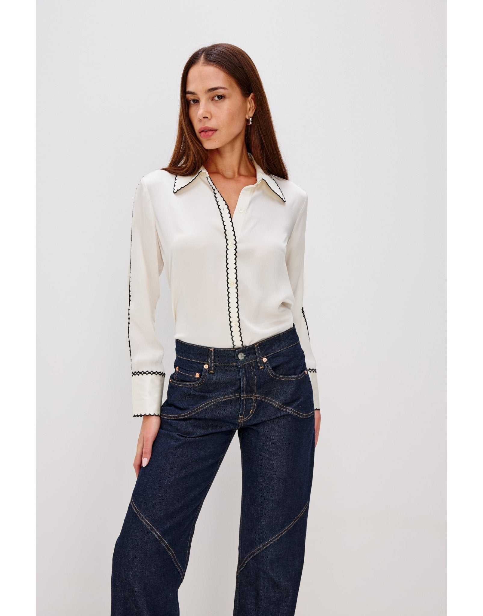 Young Ideas/Henmores - Aloise Contrast Scallop Placket Shirt - ivory - XS