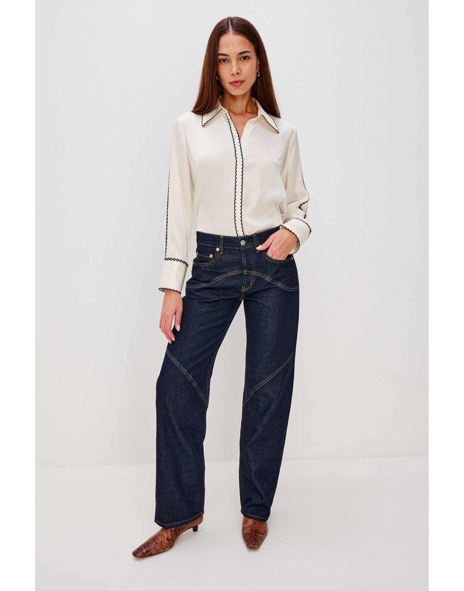 Young Ideas/Henmores - Aloise Contrast Scallop Placket Shirt - ivory - XS