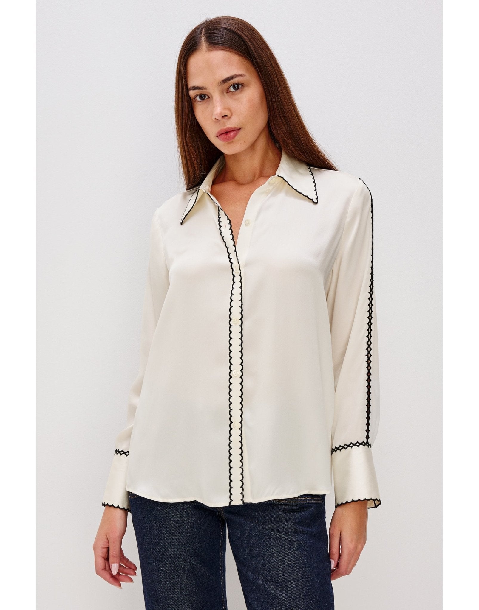 Young Ideas/Henmores - Aloise Contrast Scallop Placket Shirt - ivory - XS