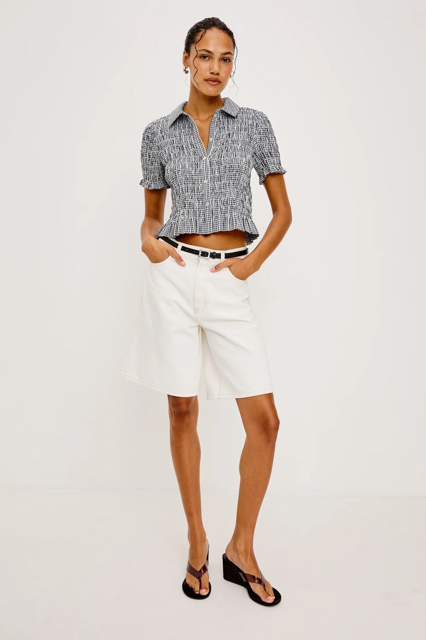 Young Ideas/Henmores - Alton Gingham Ruched Short Shirt - Black - S