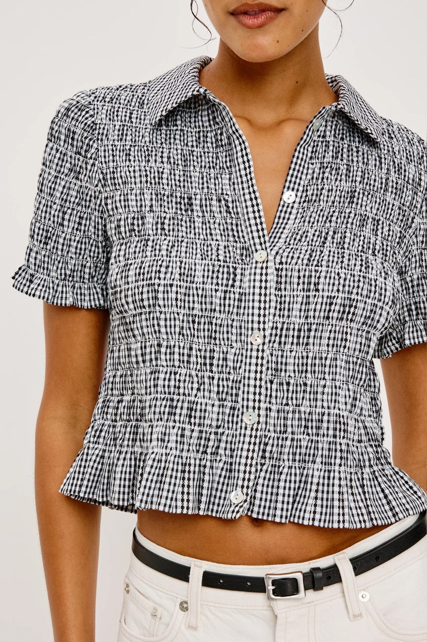 Young Ideas/Henmores - Alton Gingham Ruched Short Shirt - Black - S