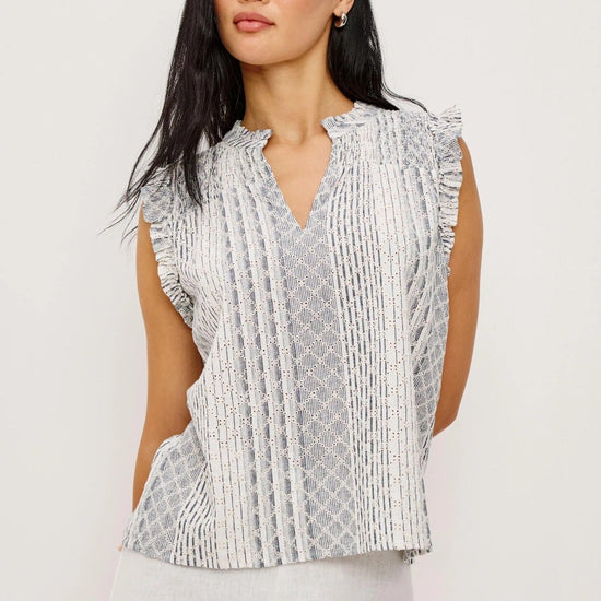 Young Ideas/Henmores - Arlene Striped Eyelet Sleeveless Blouse - White/Blue - XS