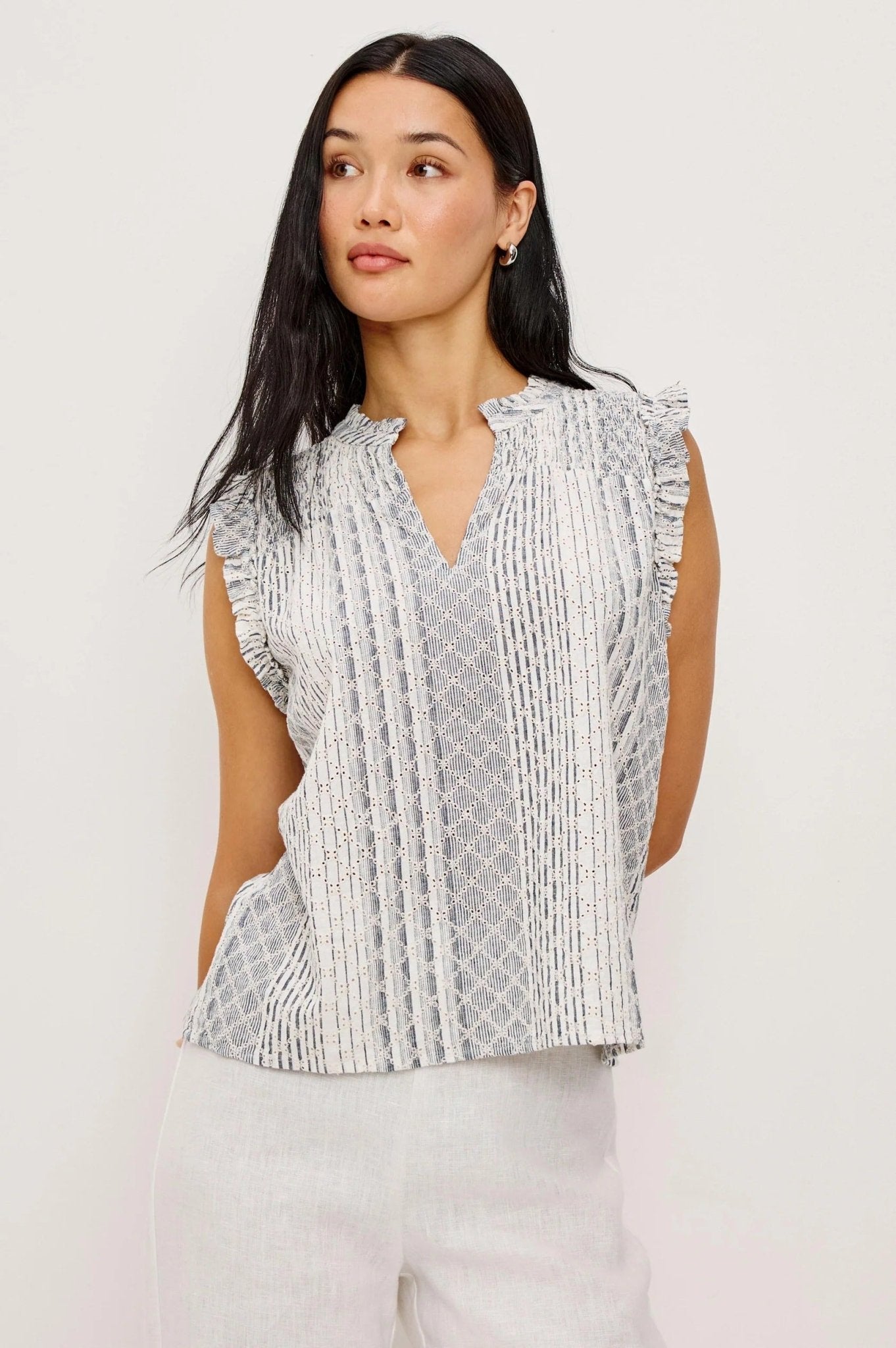 Young Ideas/Henmores - Arlene Striped Eyelet Sleeveless Blouse - White/Blue - XS