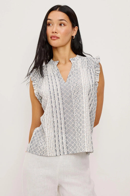 Young Ideas/Henmores - Arlene Striped Eyelet Sleeveless Blouse - White/Blue - XS