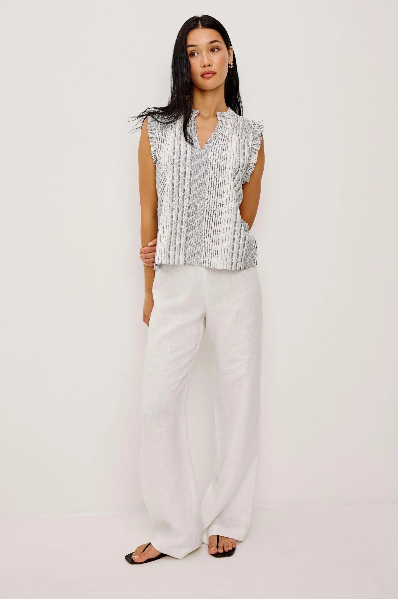 Young Ideas/Henmores - Arlene Striped Eyelet Sleeveless Blouse - White/Blue - XS