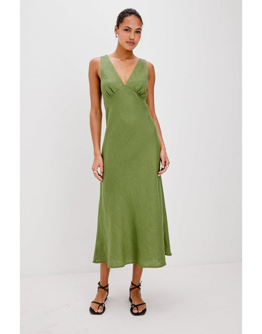 Young Ideas/Henmores - Avianna V Neck Sleeveless Midi Dress - Dill Green - S