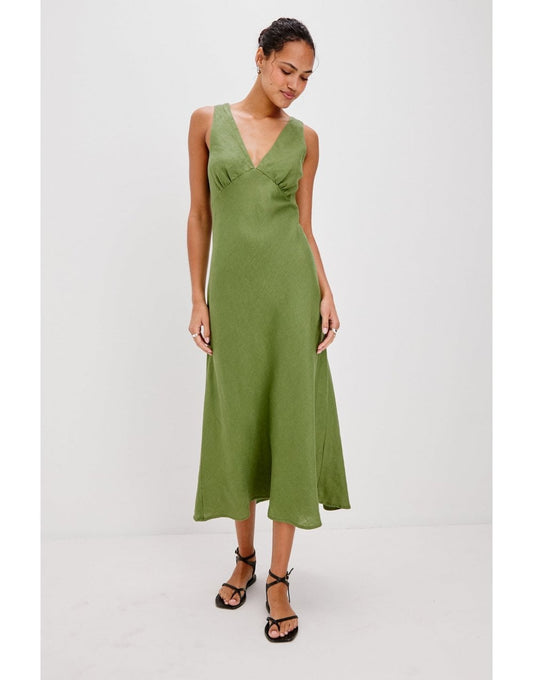 Young Ideas/Henmores - Avianna V Neck Sleeveless Midi Dress - Dill Green - S
