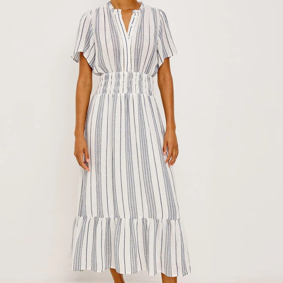 Young Ideas & Henmores -Brent Ruched Waist Midi Dress -8749 Salino Stripe -XS