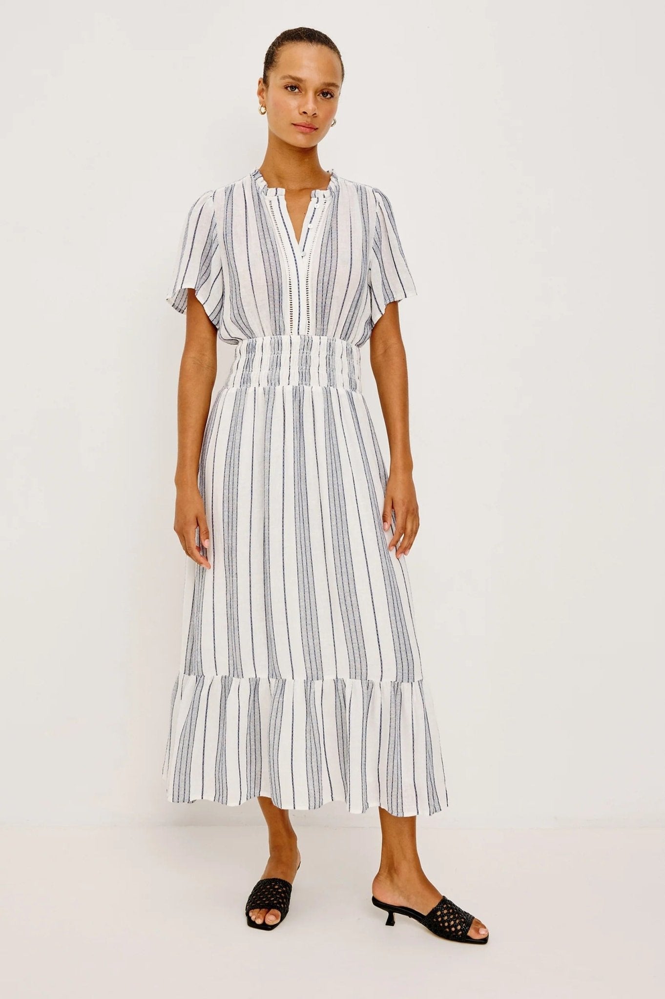 Young Ideas & Henmores -Brent Ruched Waist Midi Dress -8749 Salino Stripe -XS