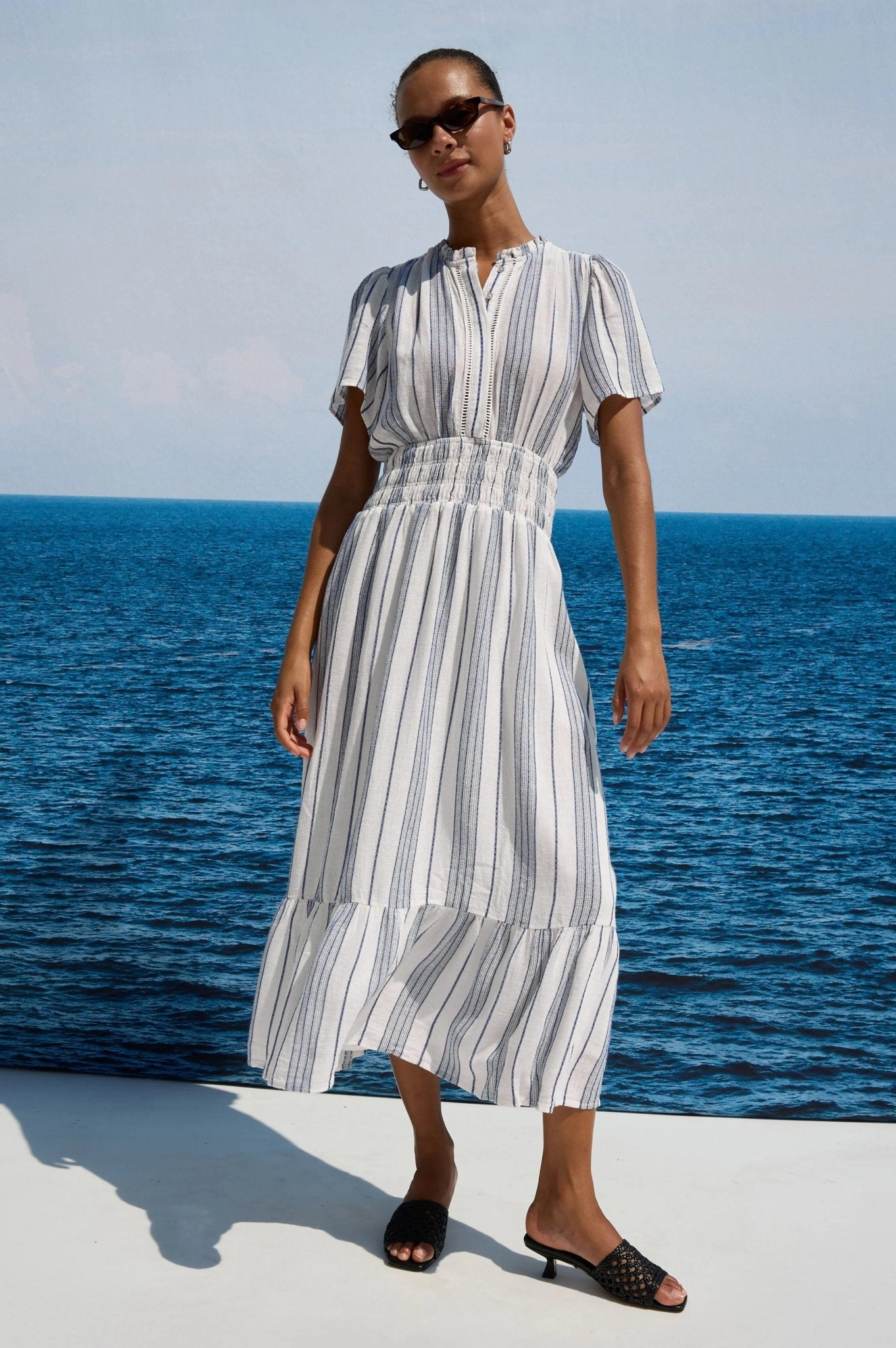 Young Ideas & Henmores -Brent Ruched Waist Midi Dress -8749 Salino Stripe -XS