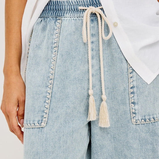 Young Ideas & Henmores -Campo Blanket Stitch Denim Trousers -8716 Bleached Indigo -XS