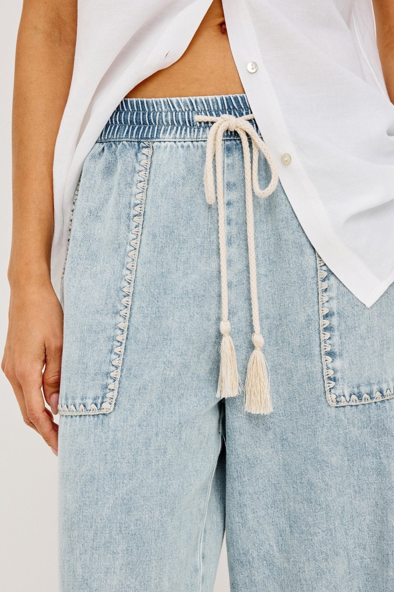 Young Ideas & Henmores -Campo Blanket Stitch Denim Trousers -8716 Bleached Indigo -XS