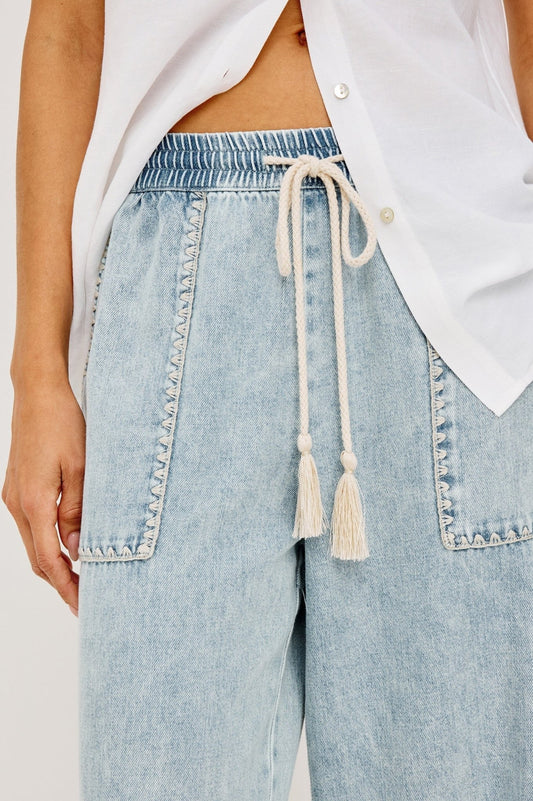 Young Ideas & Henmores -Campo Blanket Stitch Denim Trousers -8716 Bleached Indigo -XS