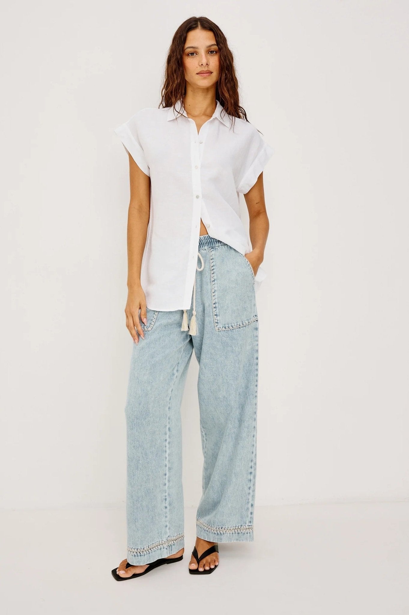 Young Ideas & Henmores -Campo Blanket Stitch Denim Trousers -8716 Bleached Indigo -XS