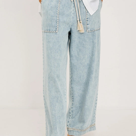 Young Ideas & Henmores -Campo Blanket Stitch Denim Trousers -8716 Bleached Indigo -XS