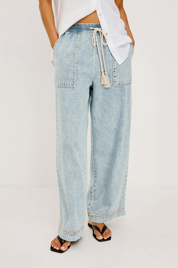 Young Ideas & Henmores -Campo Blanket Stitch Denim Trousers -8716 Bleached Indigo -XS