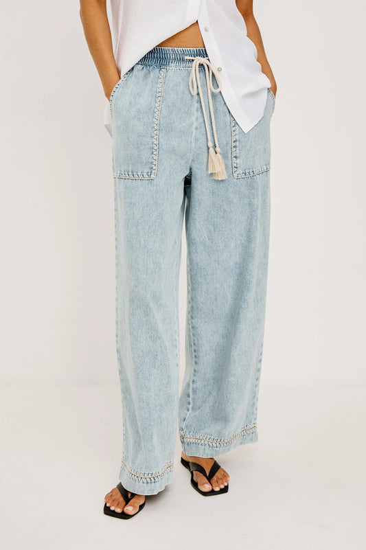 Young Ideas & Henmores -Campo Blanket Stitch Denim Trousers -8716 Bleached Indigo -XS