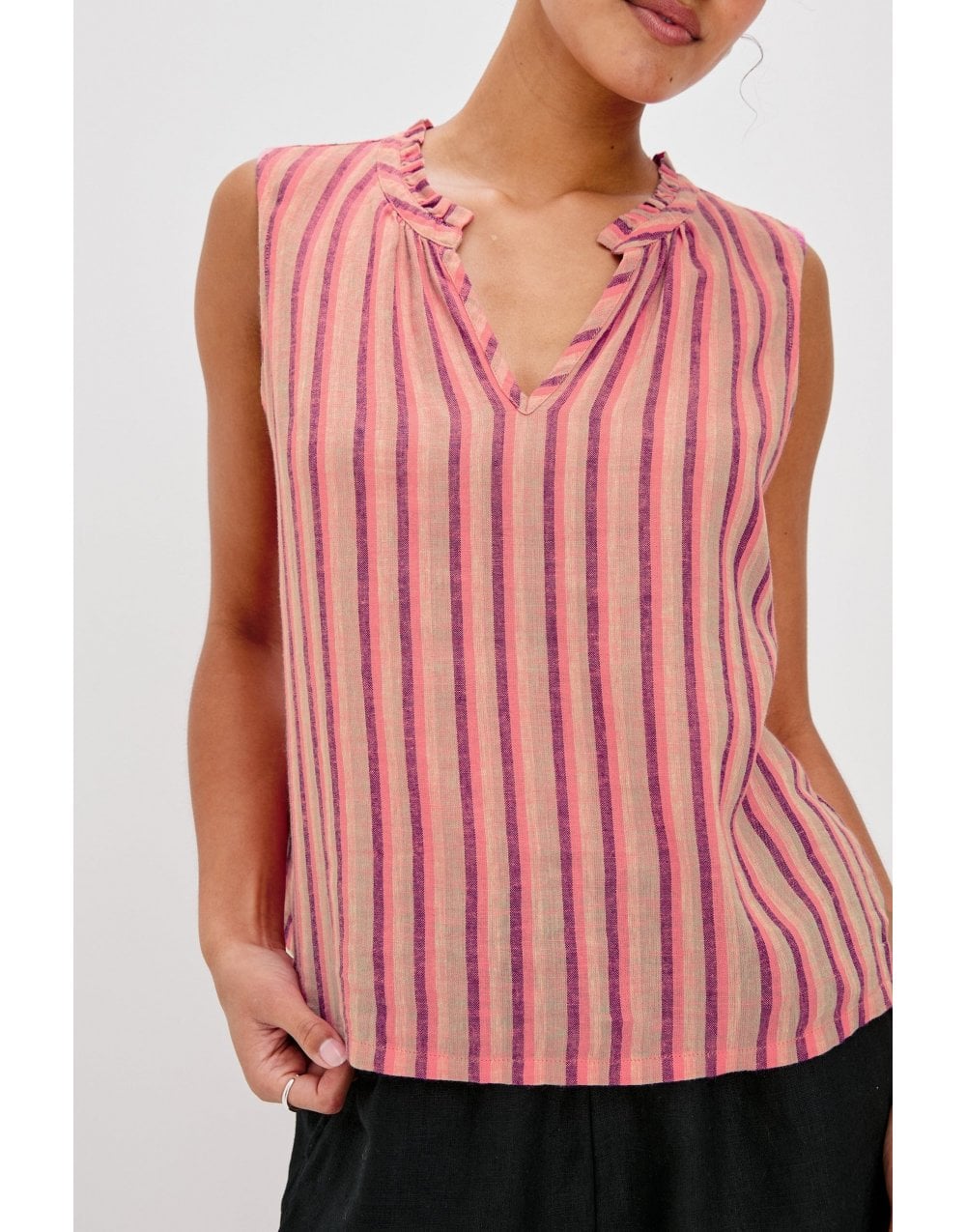Young Ideas/Henmores - Christy Frill Collar Striped Sleeveless Top - Cabana Stripe - S