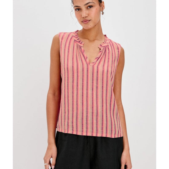 Young Ideas/Henmores - Christy Frill Collar Striped Sleeveless Top - Cabana Stripe - S